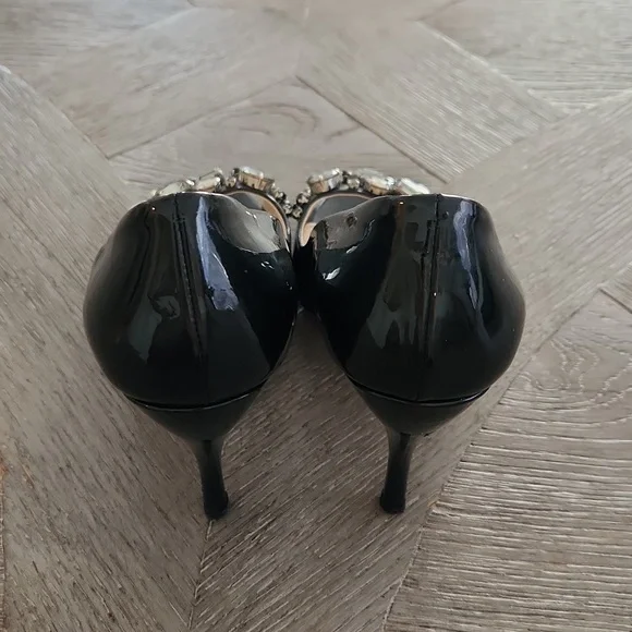 PRADA TAFFETAS JEWEL CRYSTAL PEEPTOE PEWTER PATENT LEATHER PUMPS SIZE 38.5